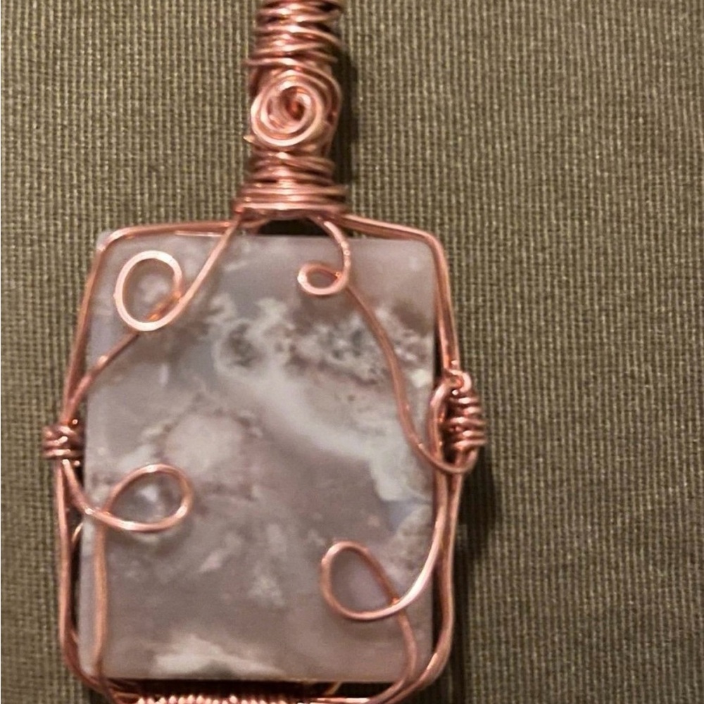 Handmade Gray Flower Agate Wire-Wrapped Pendant with Copper Wire